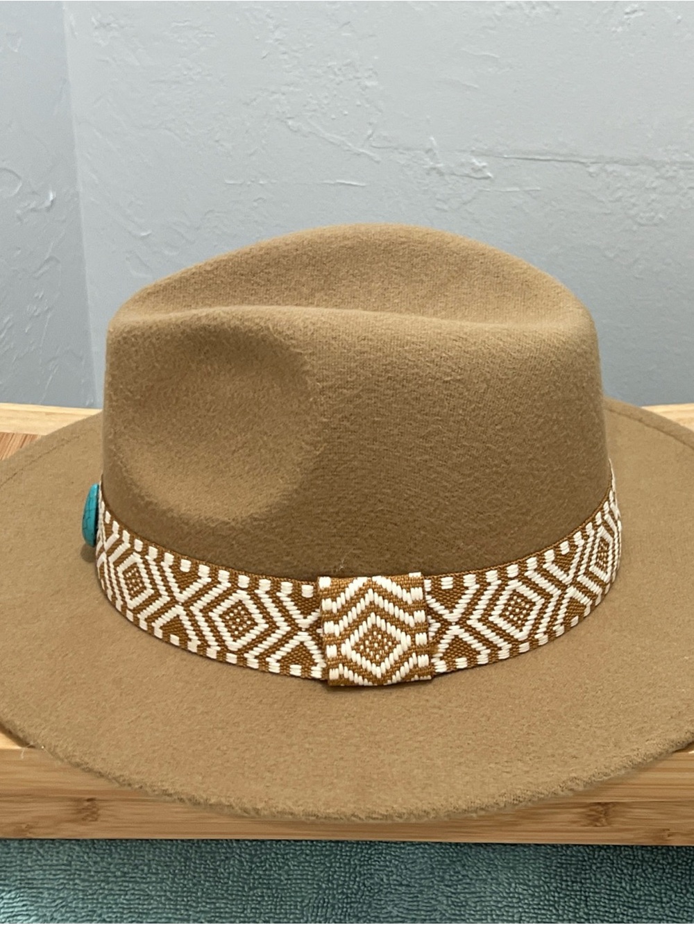 Tan Felt Fedora with Woven Band and Turquoise Accent - Picture 3 of 8